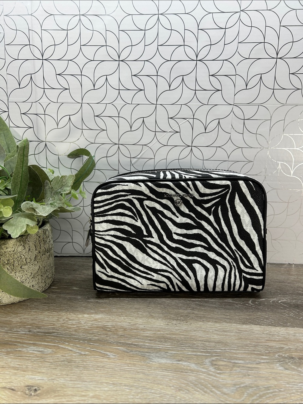 NWOT Michael Kors Zebra Print Canvas Cosmetic Pouch - Black & White